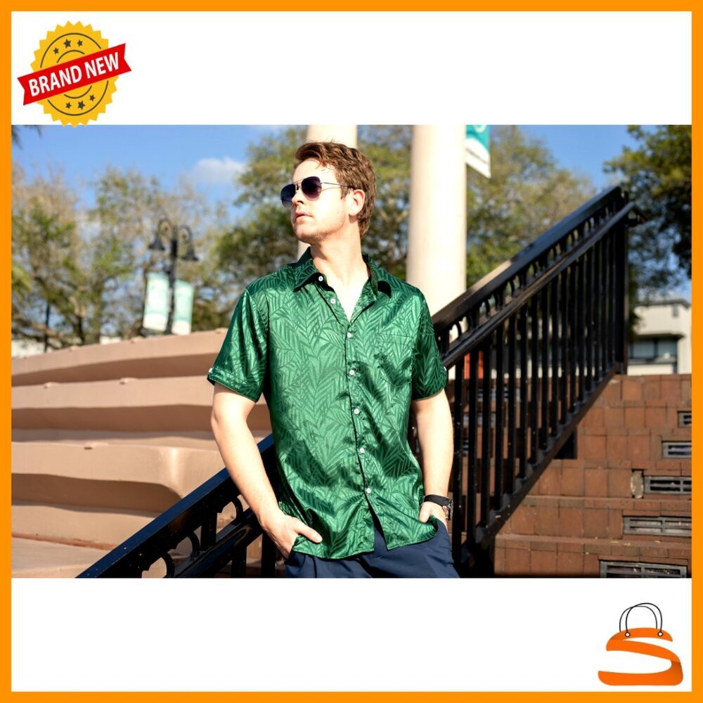 Silk Satin Button Down Shirt Short Sleeve Loose Fit Jacquard Design Summer - Picture 7 of 7